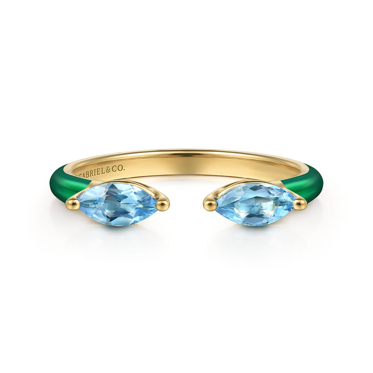 Enamel - 14K Yellow Gold Blue Topaz Open Stackable with Chrome Green Enamel - Shot 1