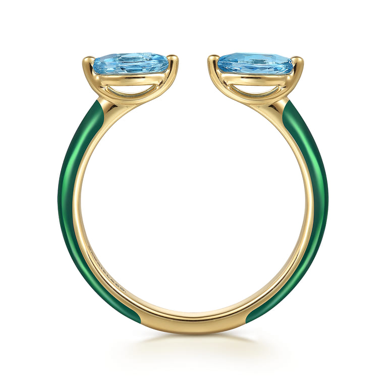 Enamel - 14K Yellow Gold Blue Topaz Open Stackable with Chrome Green Enamel - Shot 2