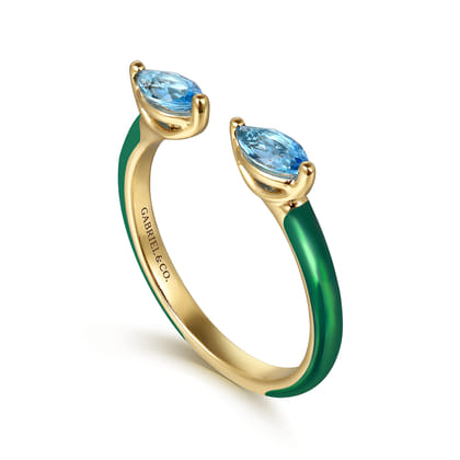 Enamel - 14K Yellow Gold Blue Topaz Open Stackable with Chrome Green Enamel