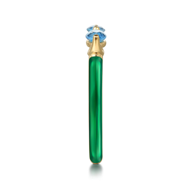 Enamel - 14K Yellow Gold Blue Topaz Open Stackable with Chrome Green Enamel - Shot 4