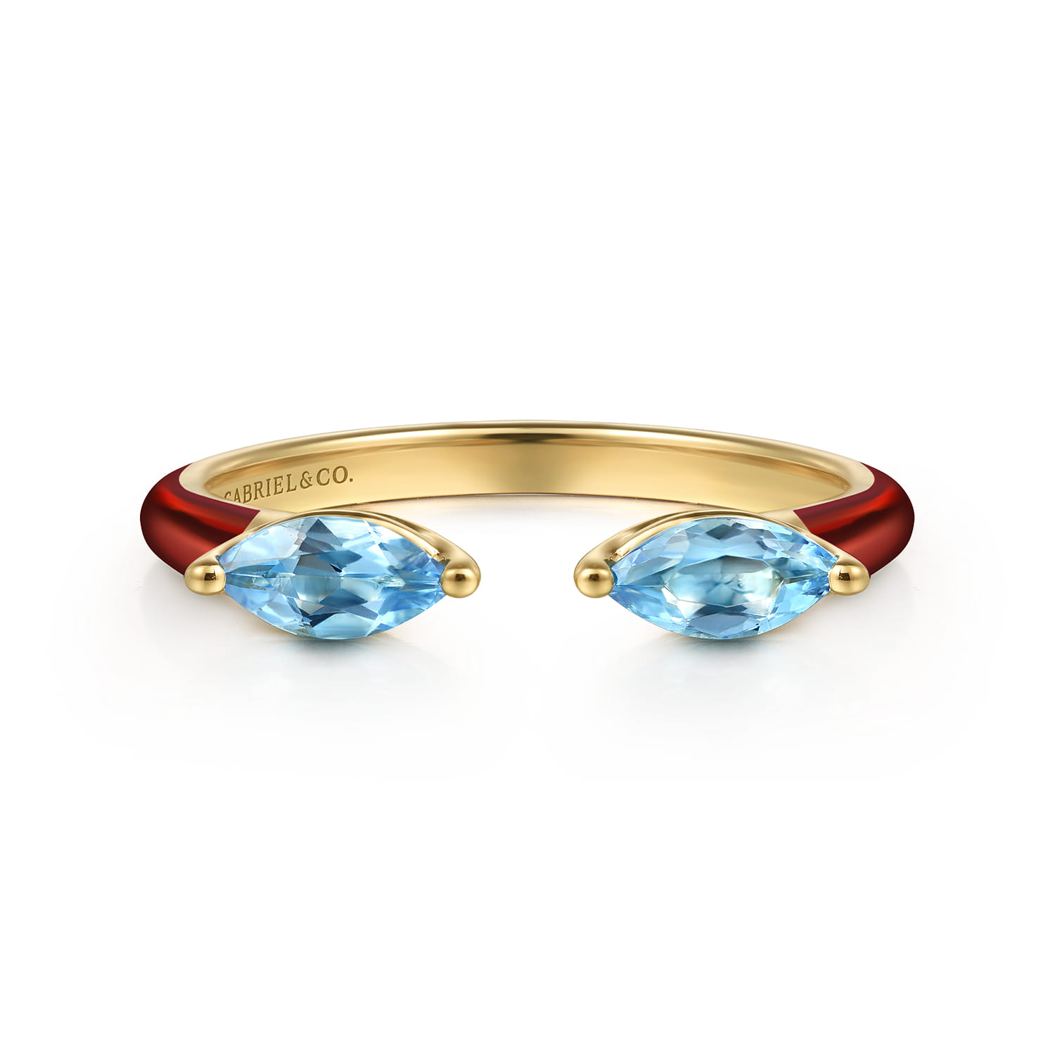 Enamel - 14K Yellow Gold Blue Topaz Open Stackable with Chrome Red Enamel - Shot 1