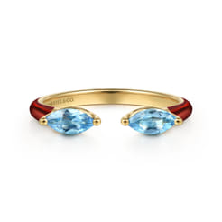 Enamel - 14K Yellow Gold Blue Topaz Open Stackable with Chrome Red Enamel