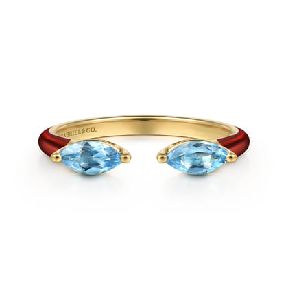 Enamel - 14K Yellow Gold Blue Topaz Open Stackable with Chrome Red Enamel