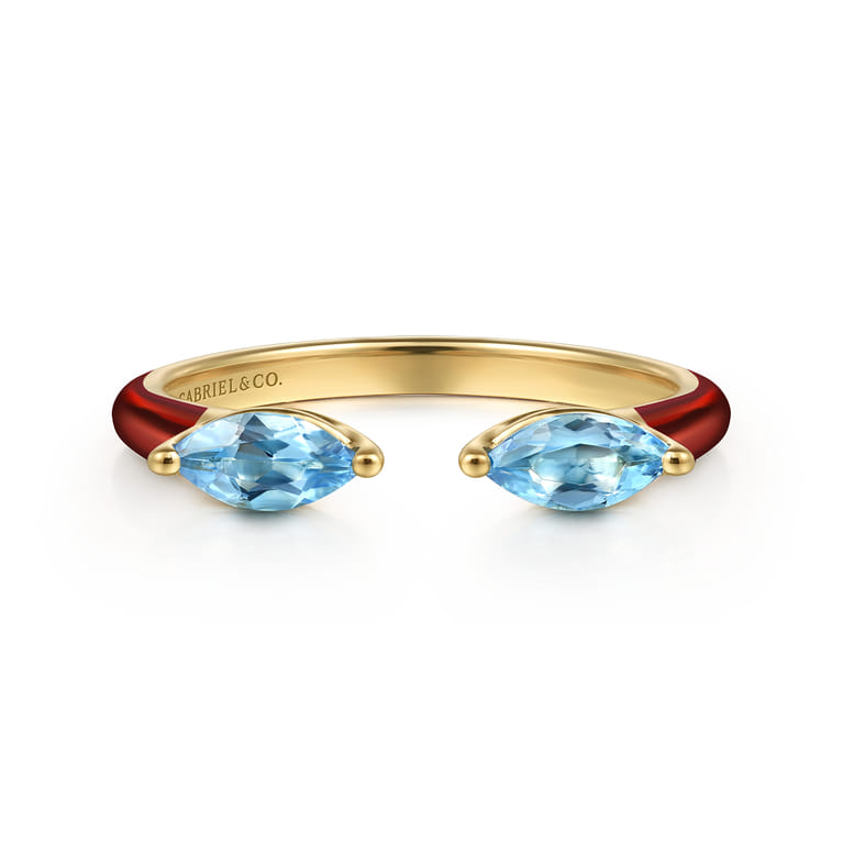 Enamel - 14K Yellow Gold Blue Topaz Open Stackable with Chrome Red Enamel - Shot 1