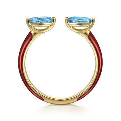 Enamel - 14K Yellow Gold Blue Topaz Open Stackable with Chrome Red Enamel