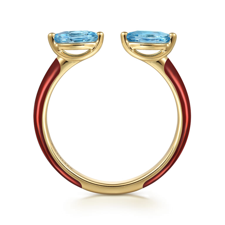 Enamel - 14K Yellow Gold Blue Topaz Open Stackable with Chrome Red Enamel - Shot 2