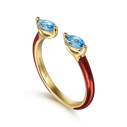 Enamel - 14K Yellow Gold Blue Topaz Open Stackable with Chrome Red Enamel