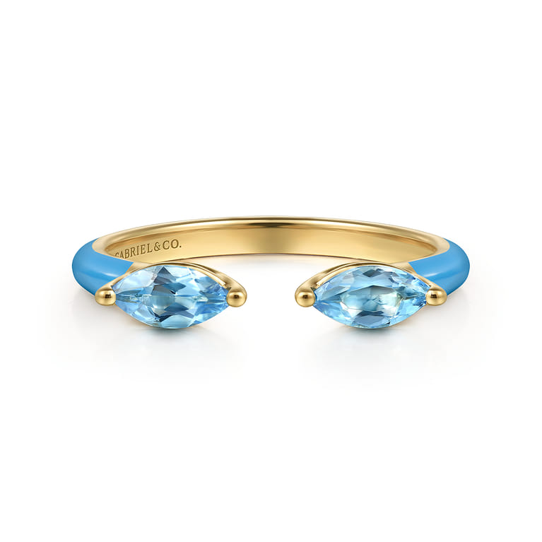Enamel - 14K Yellow Gold Blue Topaz Open Stackable with Dusk Blue Enamel - Shot 1