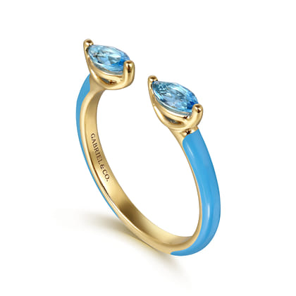 Enamel - 14K Yellow Gold Blue Topaz Open Stackable with Dusk Blue Enamel