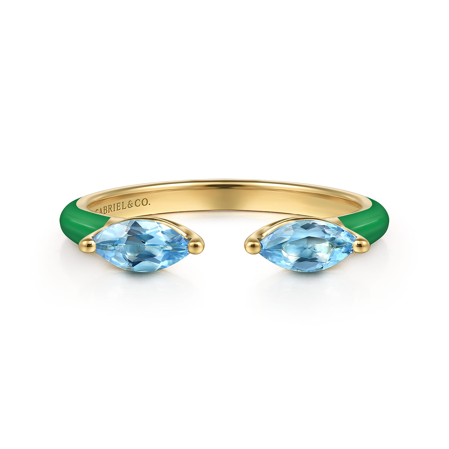 Enamel - 14K Yellow Gold Blue Topaz Open Stackable with Emerald Green Enamel - Shot 1