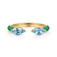 Enamel - 14K Yellow Gold Blue Topaz Open Stackable with Emerald Green Enamel