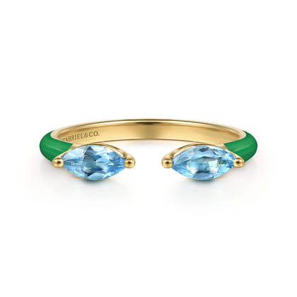 Enamel - 14K Yellow Gold Blue Topaz Open Stackable with Emerald Green Enamel