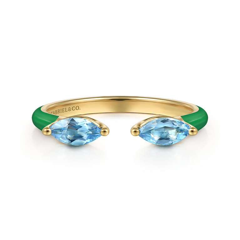 Enamel - 14K Yellow Gold Blue Topaz Open Stackable with Emerald Green Enamel - Shot 1