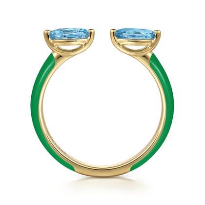 Enamel - 14K Yellow Gold Blue Topaz Open Stackable with Emerald Green Enamel