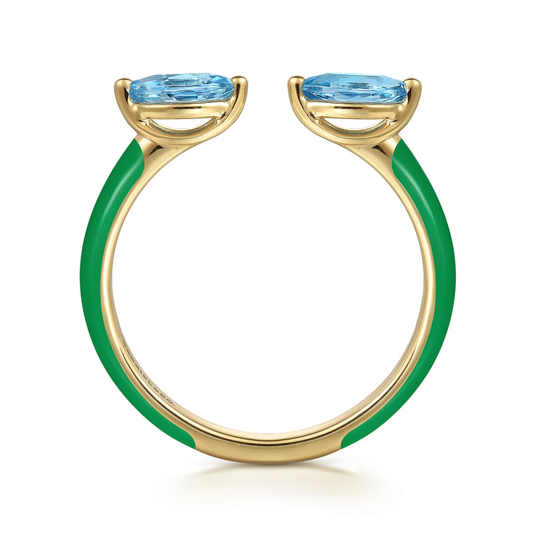 Enamel - 14K Yellow Gold Blue Topaz Open Stackable with Emerald Green Enamel - Shot 2