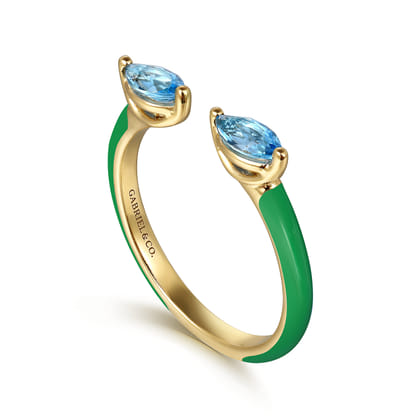 Enamel - 14K Yellow Gold Blue Topaz Open Stackable with Emerald Green Enamel
