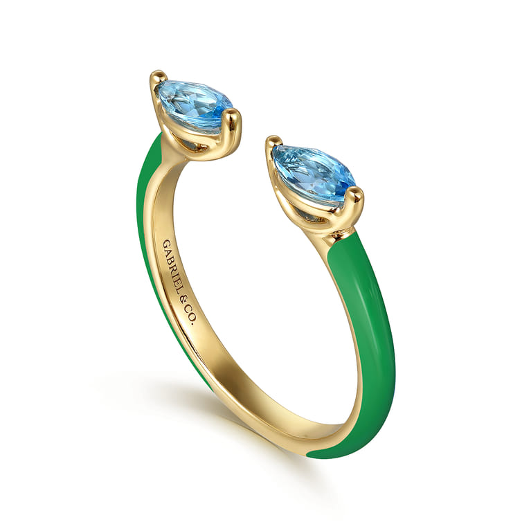 Enamel - 14K Yellow Gold Blue Topaz Open Stackable with Emerald Green Enamel - Shot 3