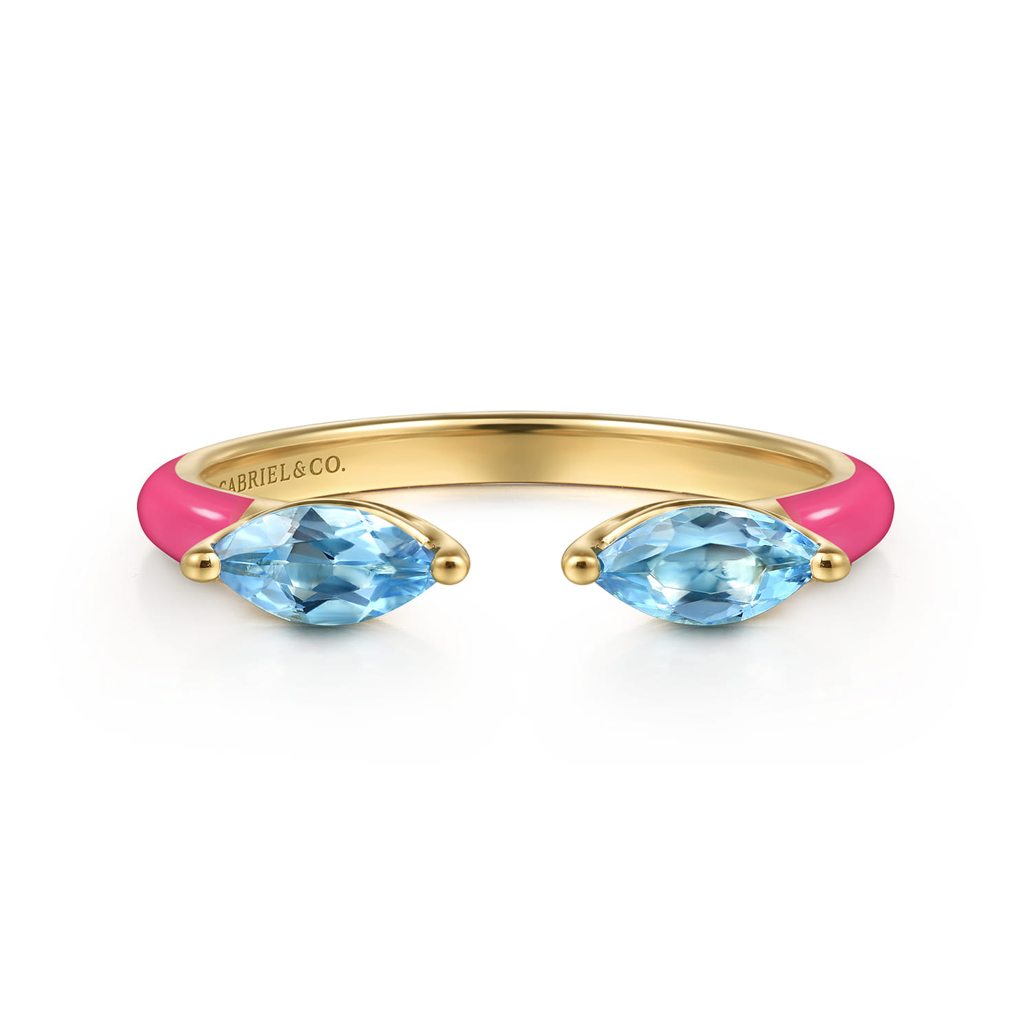 Enamel - 14K Yellow Gold Blue Topaz Open Stackable with Fuchsia Enamel - Shot 1