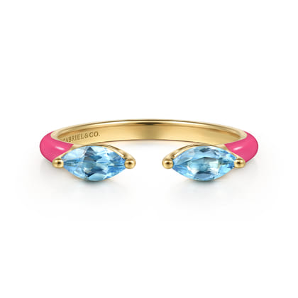 Enamel - 14K Yellow Gold Blue Topaz Open Stackable with Fuchsia Enamel