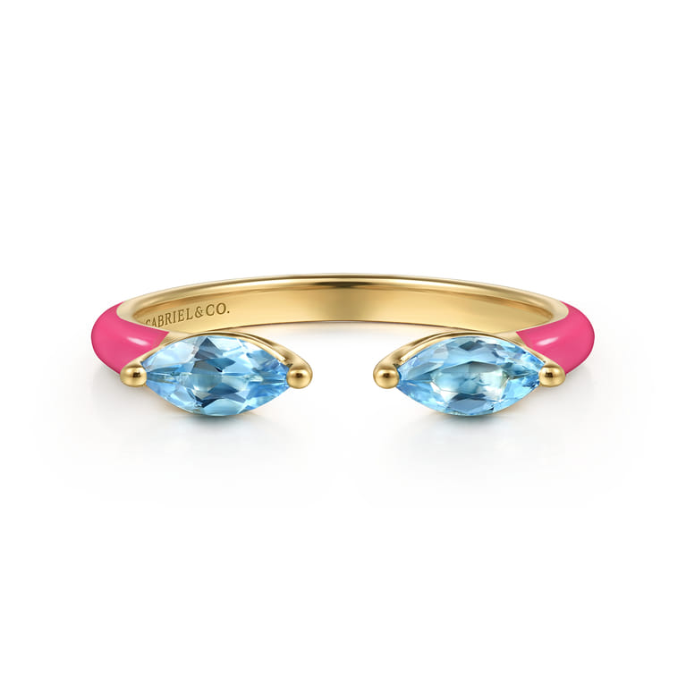 Enamel - 14K Yellow Gold Blue Topaz Open Stackable with Fuchsia Enamel - Shot 1