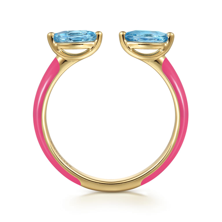 Enamel - 14K Yellow Gold Blue Topaz Open Stackable with Fuchsia Enamel - Shot 2