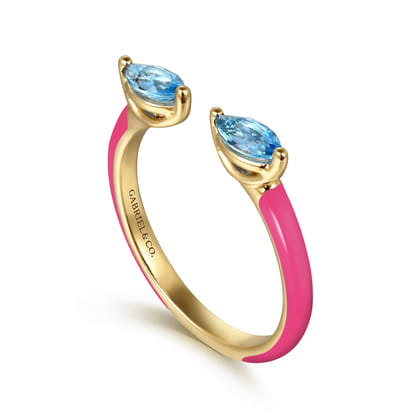 Enamel - 14K Yellow Gold Blue Topaz Open Stackable with Fuchsia Enamel