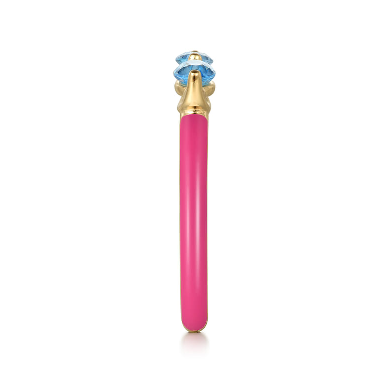 Enamel - 14K Yellow Gold Blue Topaz Open Stackable with Fuchsia Enamel - Shot 4