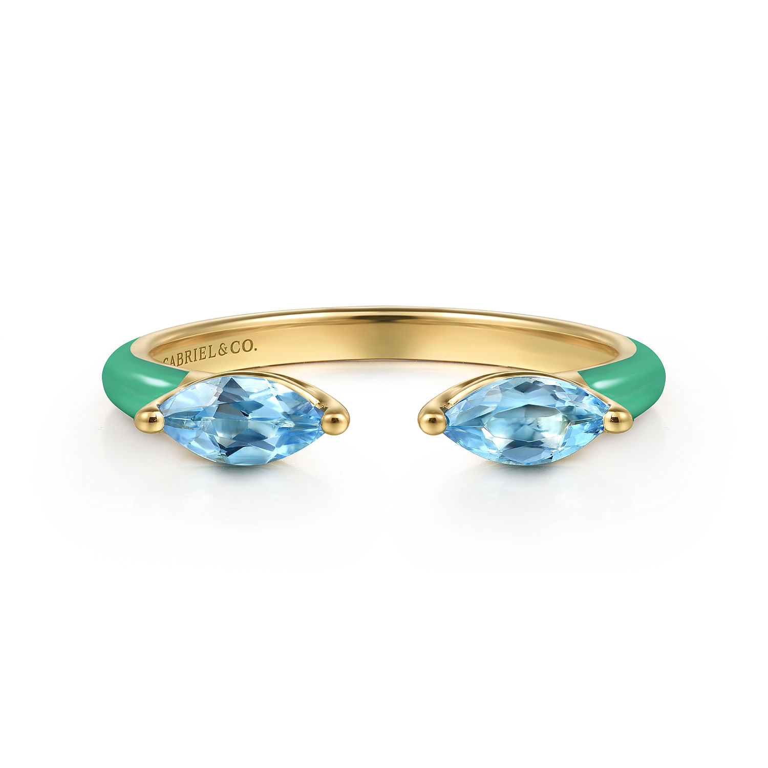 Enamel - 14K Yellow Gold Blue Topaz Open Stackable with Mint Green Enamel