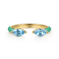 Enamel - 14K Yellow Gold Blue Topaz Open Stackable with Mint Green Enamel