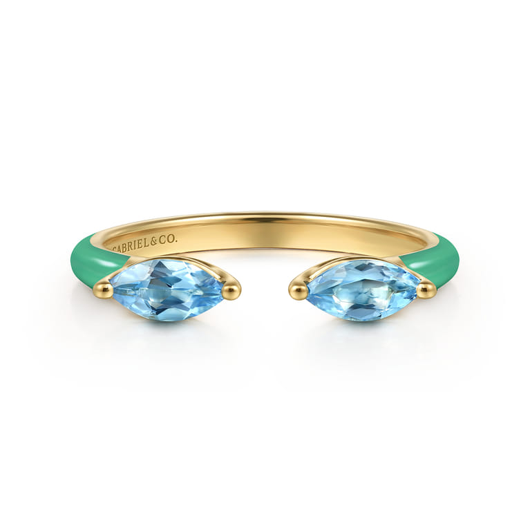 Enamel - 14K Yellow Gold Blue Topaz Open Stackable with Mint Green Enamel - Shot 1
