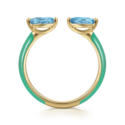 Enamel - 14K Yellow Gold Blue Topaz Open Stackable with Mint Green Enamel