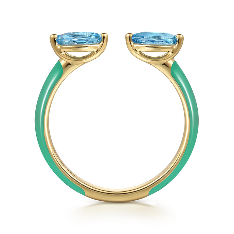 Enamel - 14K Yellow Gold Blue Topaz Open Stackable with Mint Green Enamel - Shot 2