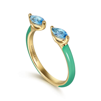 Enamel - 14K Yellow Gold Blue Topaz Open Stackable with Mint Green Enamel