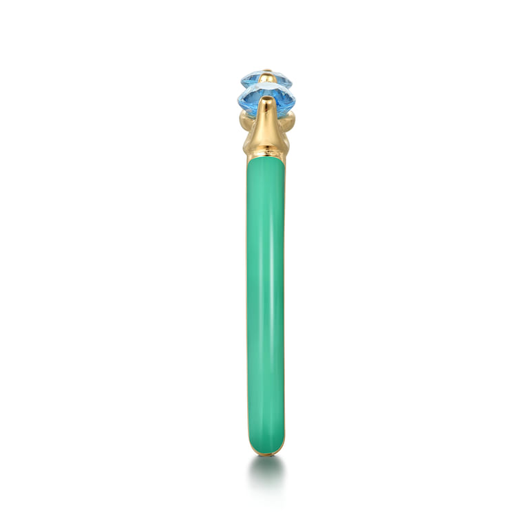 Enamel - 14K Yellow Gold Blue Topaz Open Stackable with Mint Green Enamel - Shot 4