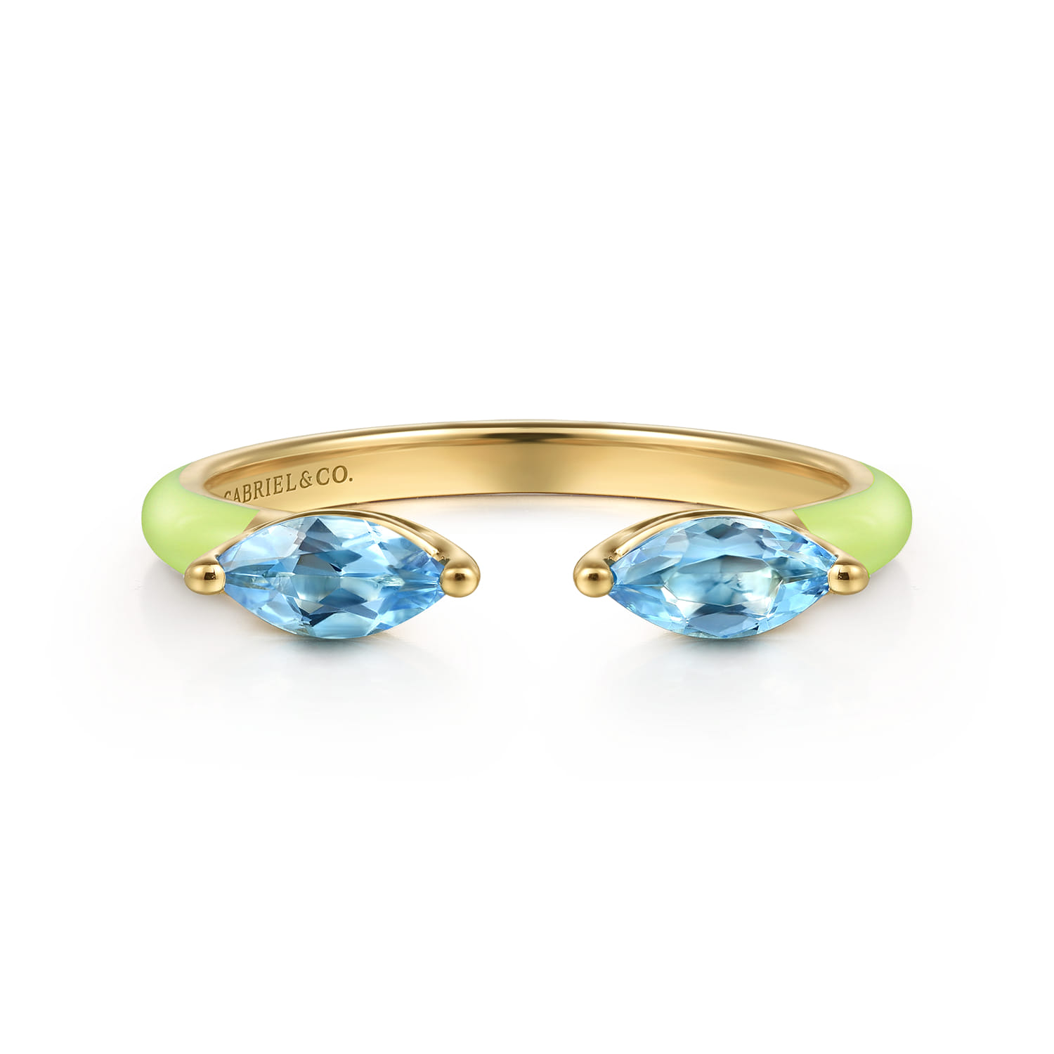 Enamel - 14K Yellow Gold Blue Topaz Open Stackable with Neon Yellow Enamel - Shot 1