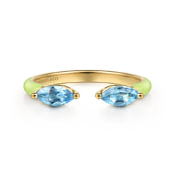 Enamel - 14K Yellow Gold Blue Topaz Open Stackable with Neon Yellow Enamel