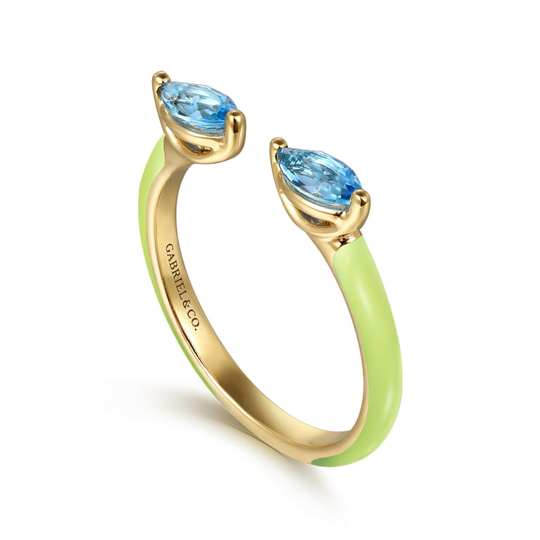 Enamel - 14K Yellow Gold Blue Topaz Open Stackable with Neon Yellow Enamel - Shot 3
