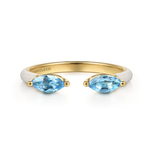 Enamel - 14K Yellow Gold Blue Topaz Open Stackable with White Enamel