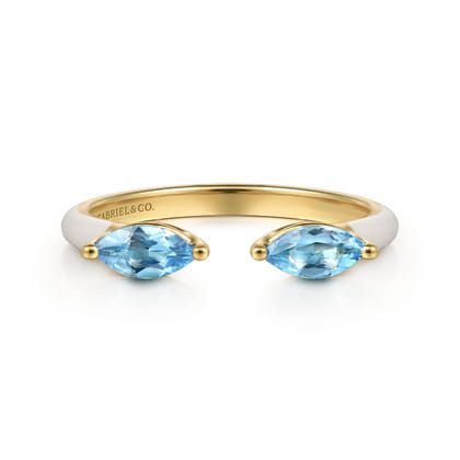 Enamel - 14K Yellow Gold Blue Topaz Open Stackable with White Enamel