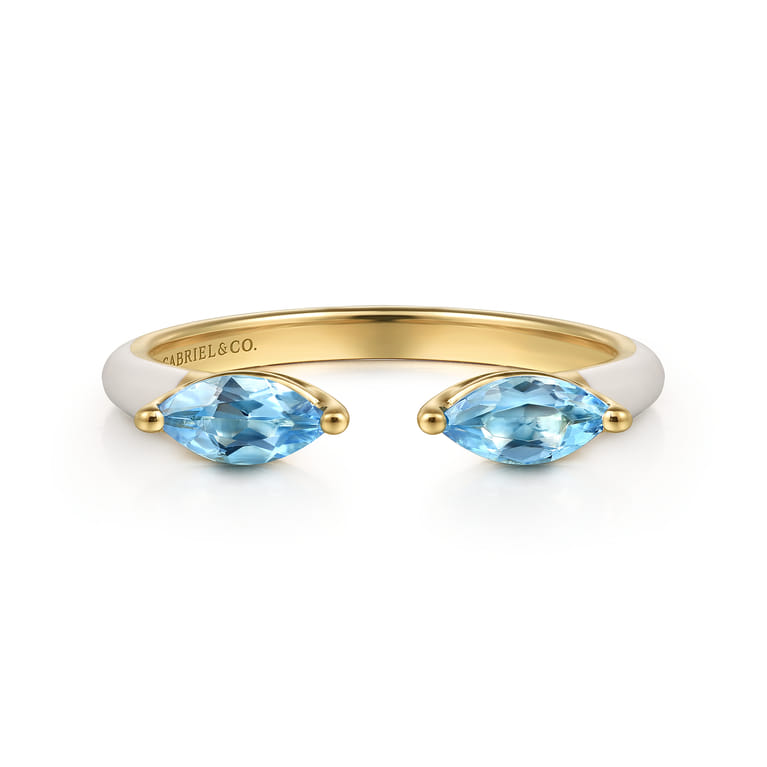 Enamel - 14K Yellow Gold Blue Topaz Open Stackable with White Enamel - Shot 1