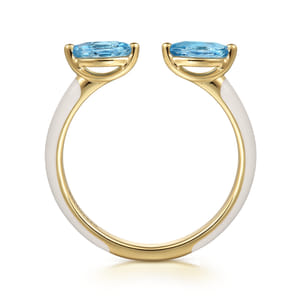 Enamel - 14K Yellow Gold Blue Topaz Open Stackable with White Enamel