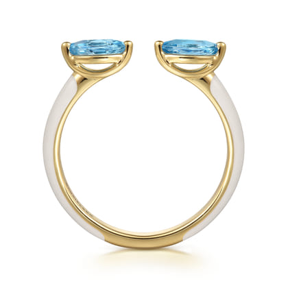 Enamel - 14K Yellow Gold Blue Topaz Open Stackable with White Enamel