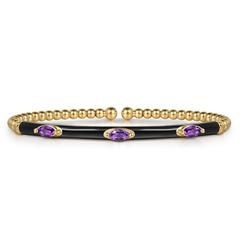 Enamel - 14K Yellow Gold Bujukan Amethyst Split Bangle with Black Enamel - Shot 1