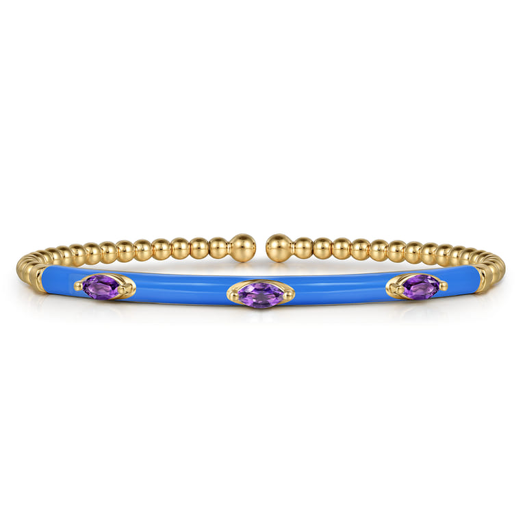 Enamel - 14K Yellow Gold Bujukan Amethyst Split Bangle with Blue Enamel - Shot 1