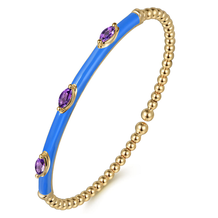 Enamel - 14K Yellow Gold Bujukan Amethyst Split Bangle with Blue Enamel - Shot 2
