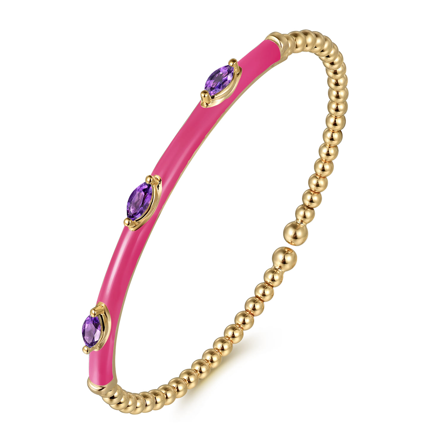 Enamel - 14K Yellow Gold Bujukan Amethyst Split Bangle with Fuchsia Enamel - Shot 2