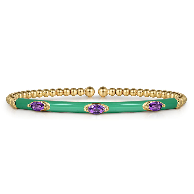 Enamel - 14K Yellow Gold Bujukan Amethyst Split Bangle with Mint Green Enamel - Shot 1