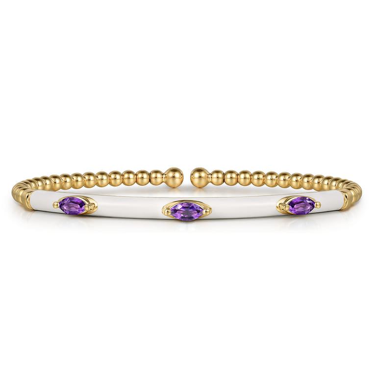 Enamel - 14K Yellow Gold Bujukan Amethyst Split Bangle with White Enamel - Shot 1