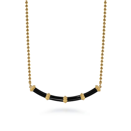 Enamel - 14K Yellow Gold Bujukan Bar Necklace with Black Enamel