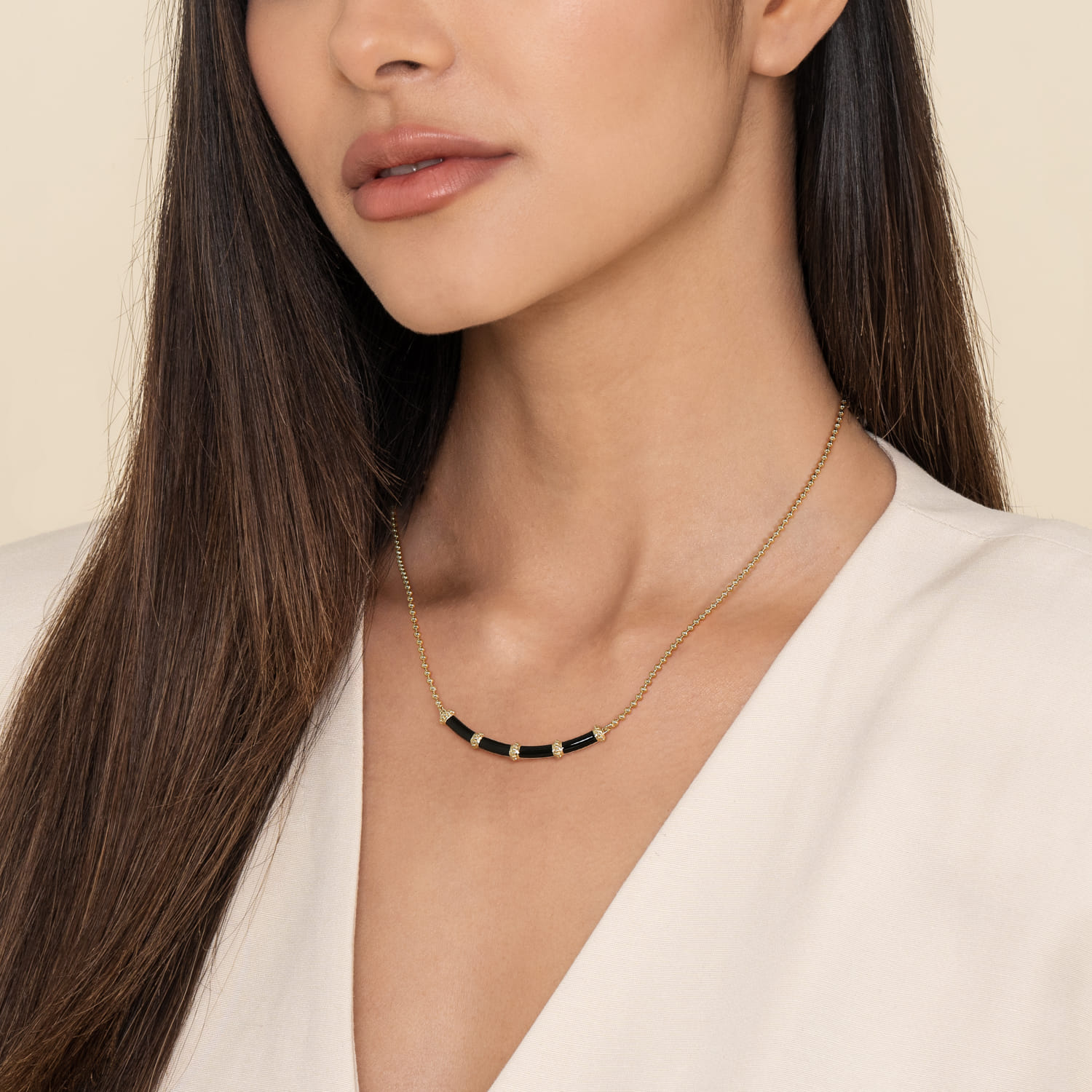 Enamel - 14K Yellow Gold Bujukan Bar Necklace with Black Enamel